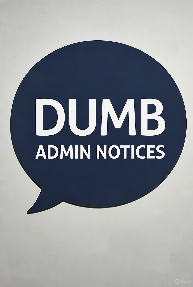a blue comment bubble with the words, dumb admin notices, inside of it.
